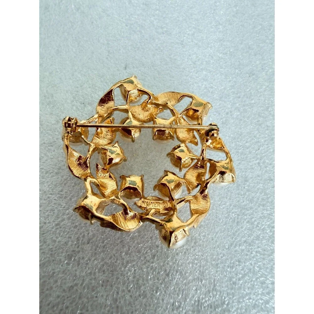 Vintage Napier Gold Tone Faux Pearl Wreath Brooch Brushed Leaf Pin
